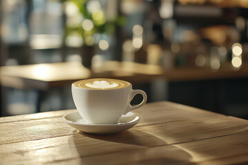 Beautiful coffee cappuccino in white cup on wooden table, showcasing latte art with heart design, evokes warmth and comfort