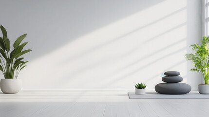 Serene zen inspired meditation room featuring plants, smooth stones, and natural light creating calming atmosphere