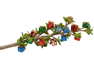 Festive miniature gift boxes adorning a green sprig for holiday celebration decor transparent background