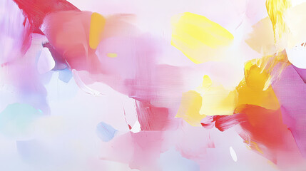 Abstract colorful painting with soft pink, yellow, and blue hues, creating dreamy and vibrant atmosphere