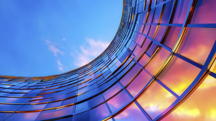 Stunning view of modern building with curved glass architecture reflecting vibrant colors against clear sky
