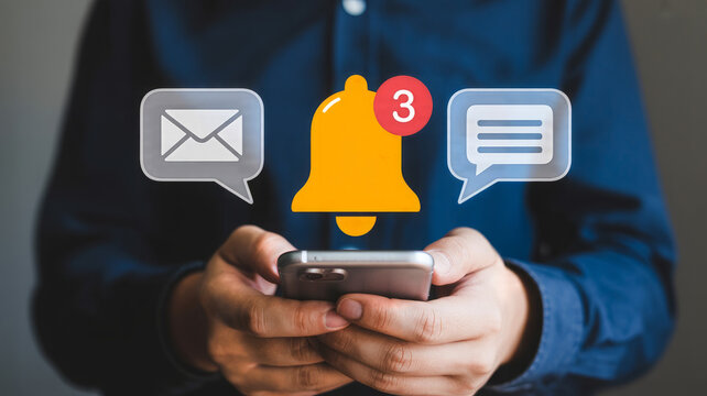Person holding a smartphone with notification icons - Powered by Adobe