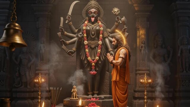 A devotee prays devoutly before Goddess Kali in the temple sanctum, radiating reverence, devotion, and spiritual intensity.