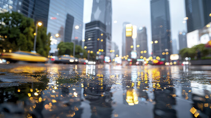 Vibrant cityscape featuring tall skyscrapers reflecting in rainwater on street, creating moody atmosphere