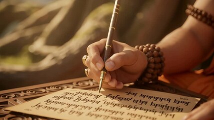 A devotee studies sacred texts on a wooden tablet with focused reverence, immersed in spiritual learning and devotion.