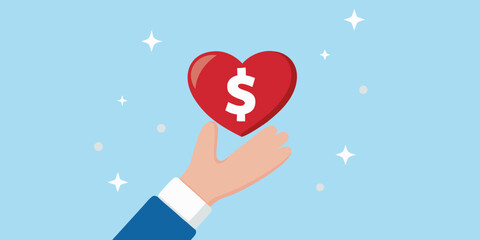 A hand reaching for a red heart with a dollar sign inside
