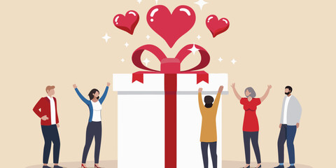 Celebration with a large gift and hearts floating above excited people