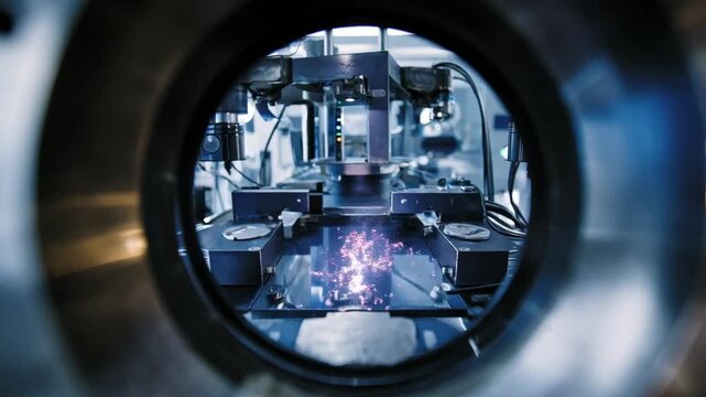 Medium shot of a laboratory environment where advanced imaging devices highlight the complex grain patterns within a polished metal specimen