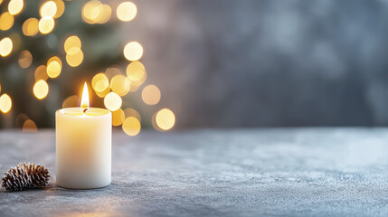 Lit candle on textured surface with pine cone nearby, creating warm and cozy atmosphere with blurred lights in background