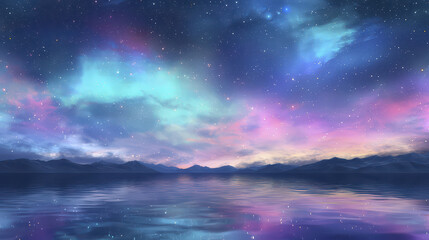 Serene landscape featuring vibrant night sky filled with stars and colorful auroras reflecting calm water. mountains