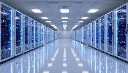 Data center corridor with rows of servers, reflective floor, blue lights