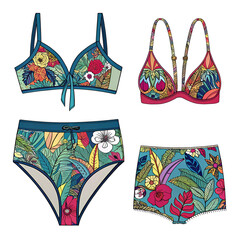 realistic female swimsuit set with isolated icons