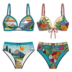 realistic female swimsuit set with isolated icons