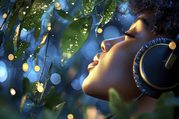 Serene profile of person wearing headphones surrounded by lush greenery and soft glowing lights, evoking peaceful atmosphere