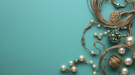 Naklejka premium Artistic jewelry featuring unique designs, pearls, and intricate wirework on teal background evokes creativity and elegance