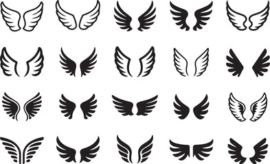 Fototapeta premium Wing Silhouette Collection Featuring Angel Wings, Bird Wings, Feathered Wing Icons, and Symmetrical Flying Designs in Black Vector Style 