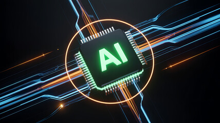 Futuristic AI processor glowing with vibrant neon circuits and flowing digital pathways representing advanced artificial intelligence technology cyber data flow innovation and modern computing power