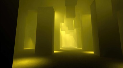 Abstract, geometric interior. Diffuse light illuminates vertical forms. Shadows and a bright glow