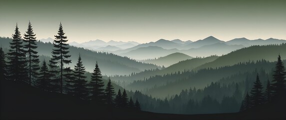 Misty Mountain Forest Landscape at Dawn &mdash; Serene Wilderness Silhouette.