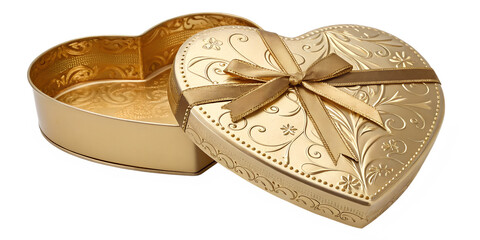 Luxury gold heart-shaped present box with shiny ribbon. Great for gift cards, jewelry promotions and Valentine&rsquo;s marketing visuals.