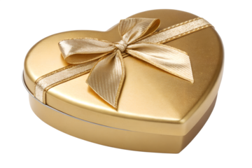 Luxury gold heart-shaped present box with shiny ribbon. Great for gift cards, jewelry promotions and Valentine’s marketing visuals.