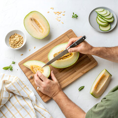 top view of male hands cutting melon with knife