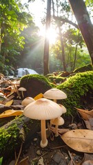 Sunlight filters through lush forest, mushrooms on mossy ground