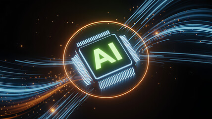 AI microchip glowing with neon energy streams and dynamic data lines representing advanced artificial intelligence and modern digital technology