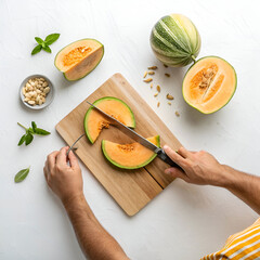 top view of male hands cutting melon with knife