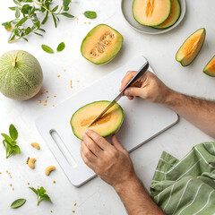 top view of male hands cutting melon with knife