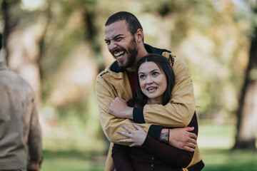 A smiling man embraces a woman from behind in a lush park setting. Their joyful moment highlights affection, companionship, and carefree outdoor happiness.