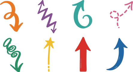 Obraz premium Collection of eight colorful hand-drawn arrows on white background