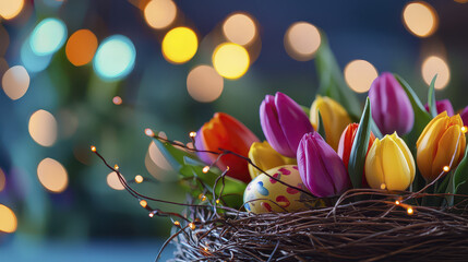 Vibrant Easter nest filled with colorful tulips and decorated egg, surrounded by soft glowing lights, creates joyful