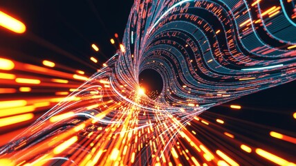 A vibrant abstract representation of light waves spiraling inwards, creating a dynamic sense of movement and energy.