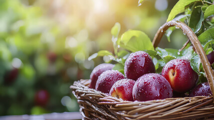 Juicy plums in basket glisten with droplets, showcasing freshness and vibrant colors in sunny garden setting