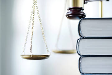 Law books stacked with gavel and scales of justice symbolize legal knowledge and fairness
