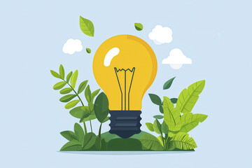 Bright light bulb surrounded by green leaves and plants, symbolizing eco friendliness and sustainability