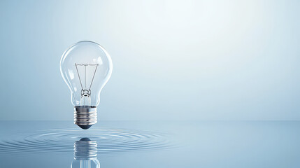 Light bulb floats above water, creating ripples in serene environment, symbolizing innovation and ideas