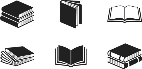 Black and white book icons stacked and open designs