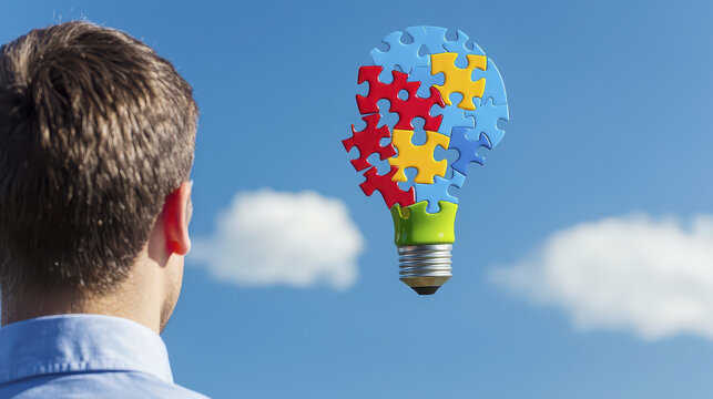 Person gazes at lightbulb made of colorful puzzle pieces, symbolizing creativity and ideas in bright sky - Powered by Adobe