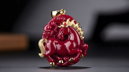 Red Jade Horse Pendant with Gold Accents