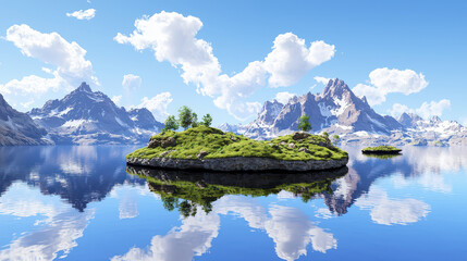 Serene landscape featuring tranquil lake surrounded by majestic mountains and lush greenery, reflecting beauty of nature