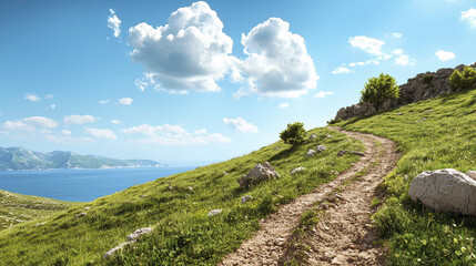 Scenic landscape featuring winding dirt path through lush green hills, overlooking tranquil blue sea bright sky with fluffy
