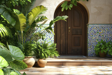 Beautiful Moroccan courtyard features wooden door surrounded by vibrant tile work and lush greenery, creating serene