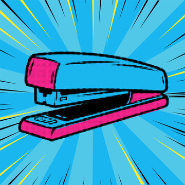 Halftone pop art stapler with bold retro comic style and dynamic, colorful burst background vector illustration