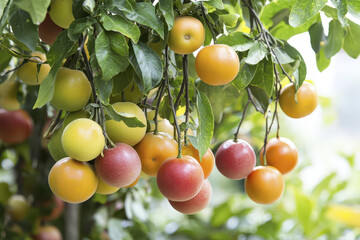 Fresh organic orchard fruits hanging from branches, showcasing vibrant colors and healthy foliage, evoke sense of nature