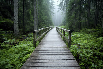 Serene path in pine forest surrounded by lush greenery and mist, inviting exploration and tranquility