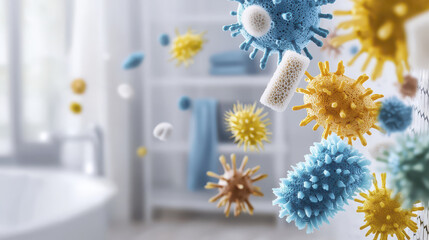 Colorful microorganisms floating in bright bathroom, representing germs and bacteria in clean environment