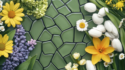 Bright springtime flowers arranged on green stained glass background create vibrant and cheerful atmosphere