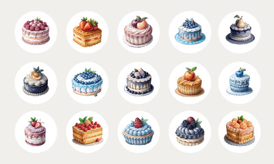 Watercolor Collection of Various Layer Cakes and Fruit Desserts